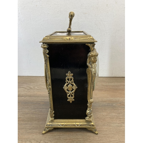 490 - A 19th century French ormolu and ebonized bracket clock with white enamel dial and pendulum - approx... 