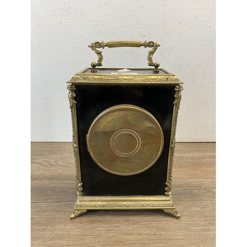 490 - A 19th century French ormolu and ebonized bracket clock with white enamel dial and pendulum - approx... 