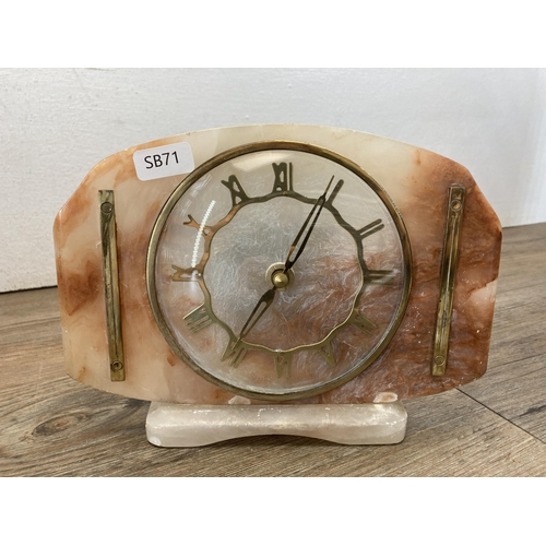 491 - Five mantle clocks to include Taylor & Bligh brass, Mason's Chartreuse ironstone, onyx etc.