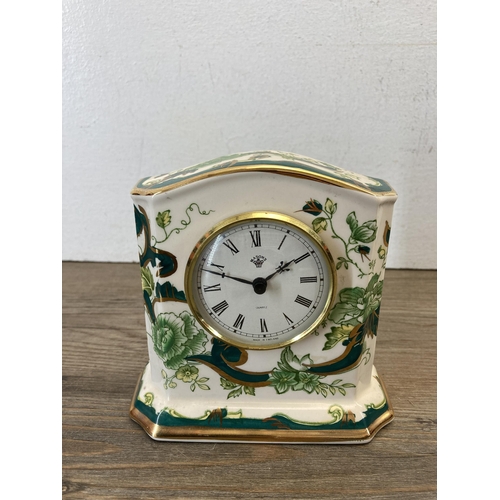 491 - Five mantle clocks to include Taylor & Bligh brass, Mason's Chartreuse ironstone, onyx etc.