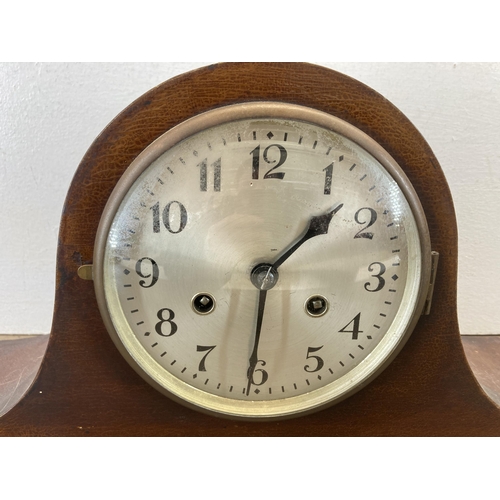 496 - A mahogany cased Napoleon hat chiming mantle clock with pendulum - approx. 25cm high x 44cm wide x 1... 