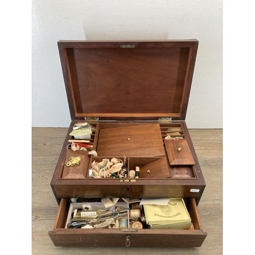 499 - A 19th century inlaid mahogany campaign style work box - approx. 20cm high x 43cm wide x 29cm deep