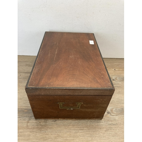 499 - A 19th century inlaid mahogany campaign style work box - approx. 20cm high x 43cm wide x 29cm deep