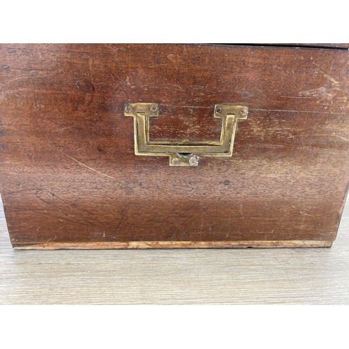 499 - A 19th century inlaid mahogany campaign style work box - approx. 20cm high x 43cm wide x 29cm deep