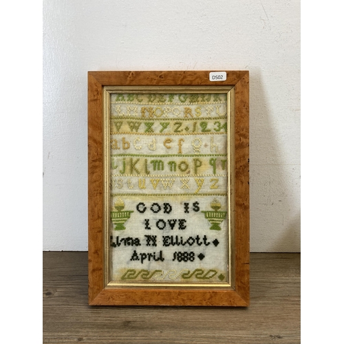 503 - Two 19th century framed samplers, one dated 1845 and one dated 1888 - largest approx. 35cm high x 24... 