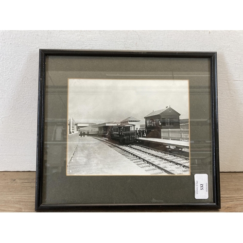 532 - A collection of railway items to include framed pictures, lantern etc.