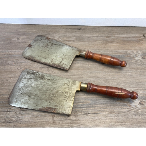 541 - Three items, two 1952 Elwell meat cleavers and one telephone attachment headgear box