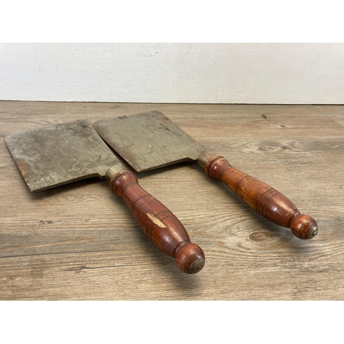 541 - Three items, two 1952 Elwell meat cleavers and one telephone attachment headgear box