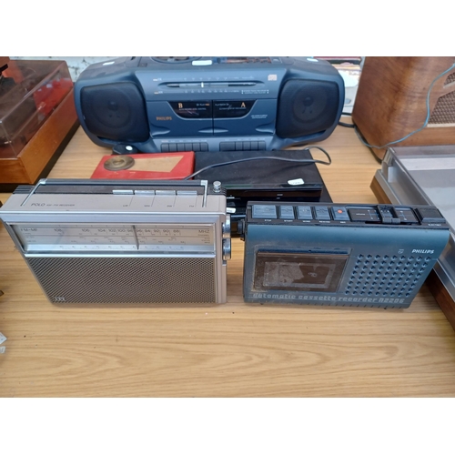 630 - Six items to include Philips radio/cassette/CD player, vintage Perdio transistor radio, Panasonic DV... 