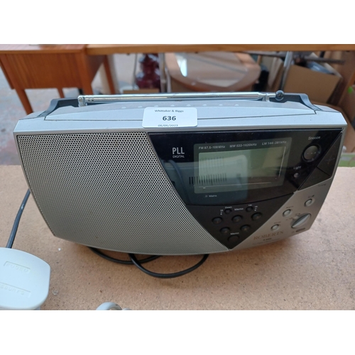 636 - Five items to include Roberts R9905 three-band portable radio, Sony three-band radio alarm clock etc... 