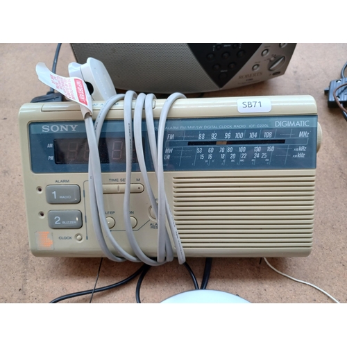 636 - Five items to include Roberts R9905 three-band portable radio, Sony three-band radio alarm clock etc... 