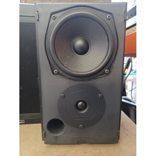 644 - Three pairs of hi-fi speakers, one Mission, one Wharfdale Delta 30 and one large pair of vintage Lea... 