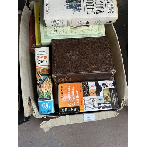 959C - Five boxes containing ceramics, books, framed prints, vinyl records etc.