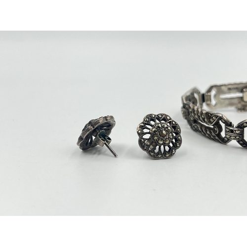 1191 - Three pieces of silver and marcasite jewellery, two pairs of earrings and one bracelet - approx. gro... 