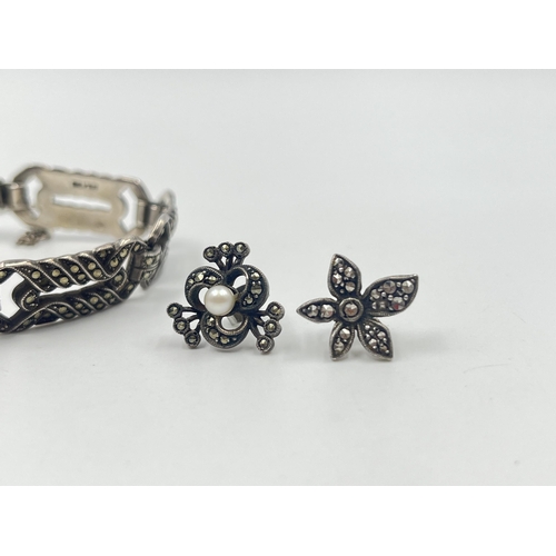 1191 - Three pieces of silver and marcasite jewellery, two pairs of earrings and one bracelet - approx. gro... 