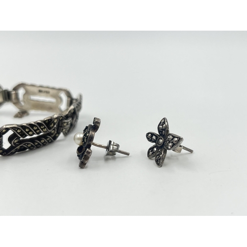 1191 - Three pieces of silver and marcasite jewellery, two pairs of earrings and one bracelet - approx. gro... 