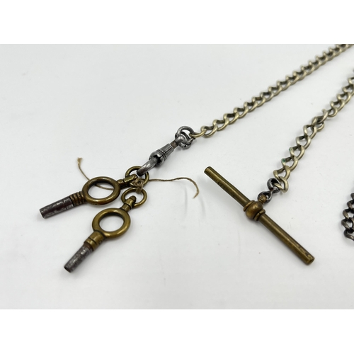 1223 - Two white metal Albert chains, one .925 silver and one unmarked with brass T bar