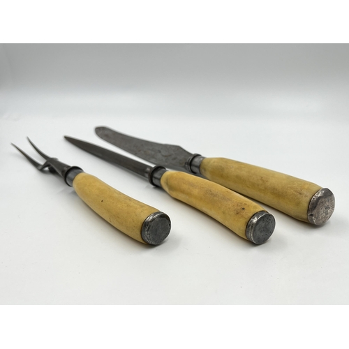 1251 - An R. Clark Newcastle three piece bone handled carving set with hallmarked Sheffield silver collars