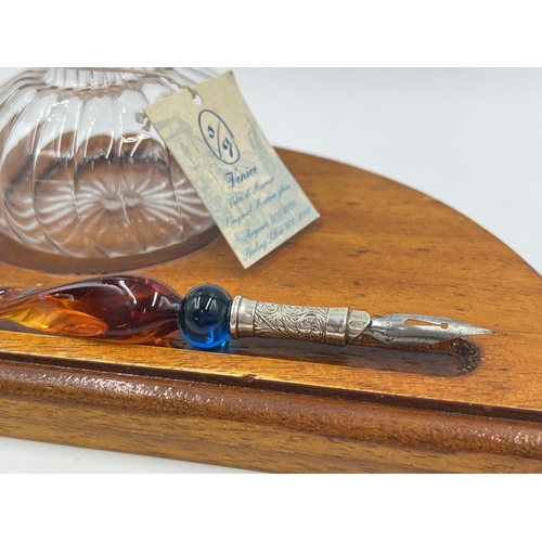 1254 - A Murano art glass calligraphy set with inkwell and .800 silver collared dip pen