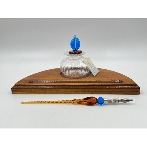 1254 - A Murano art glass calligraphy set with inkwell and .800 silver collared dip pen