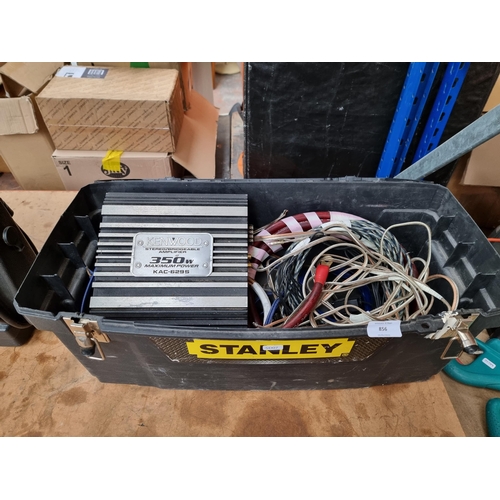 856 - A Stanley workbox containing car audio equipment to include Kenwood stereo/bridgeable amplifier, Alp... 