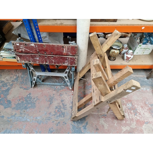 873 - Two work benches, one Workmate and one wooden sawhorse