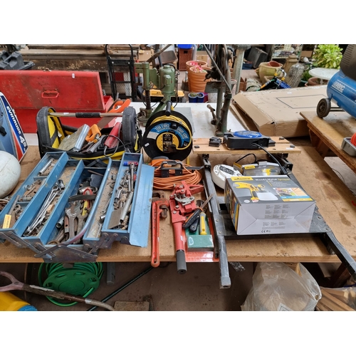 893 - A large collection of tools to include vintage metal cantilever tool chest, spanners, sockets, Recor... 