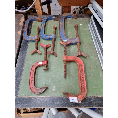 907 - Five vintage cast iron G clamps