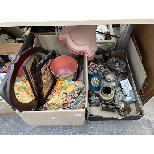 963C - Two boxes containing two wall mirrors, 1960s Look and Learn magazines, silver plated ware etc.