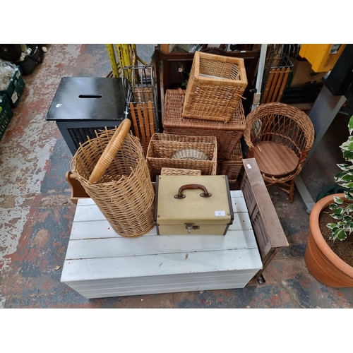 961 - A collection of small furniture and wickerware to include white painted pine blanket box, early 20th... 