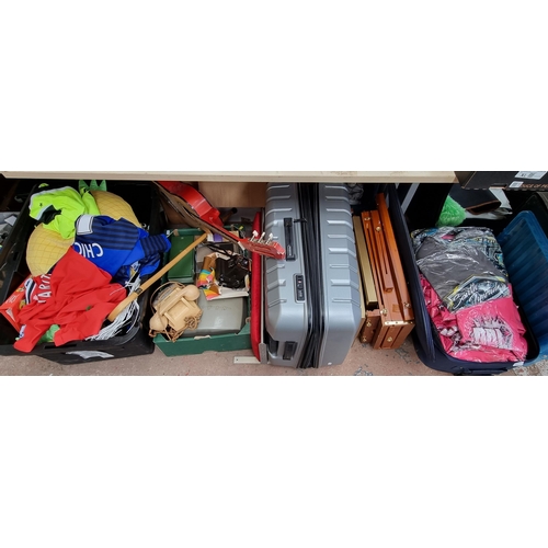 964C - Two boxes and two suitcases containing house clearance items to include t-shirts, acoustic guitar, r... 