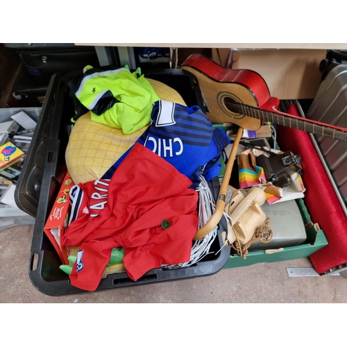 964C - Two boxes and two suitcases containing house clearance items to include t-shirts, acoustic guitar, r... 