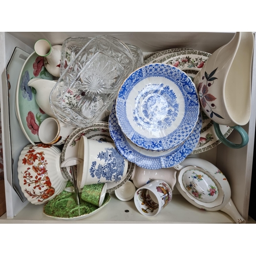 966C - Three boxes containing ceramics and glassware to include Royal Stafford china, Wade Heath England et... 