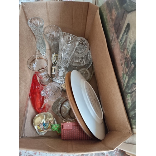 967C - Two boxes containing house clearance items to include glassware, ceramic thimbles, wooden and spelte... 