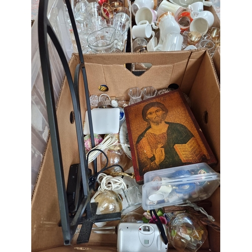 967C - Two boxes containing house clearance items to include glassware, ceramic thimbles, wooden and spelte... 