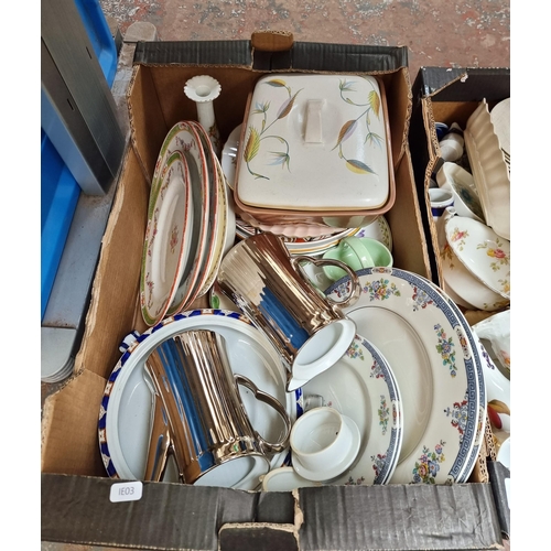 971C - Three boxes containing ceramics to include two Royal Worcester porcelain tea and coffee pots, Royal ... 