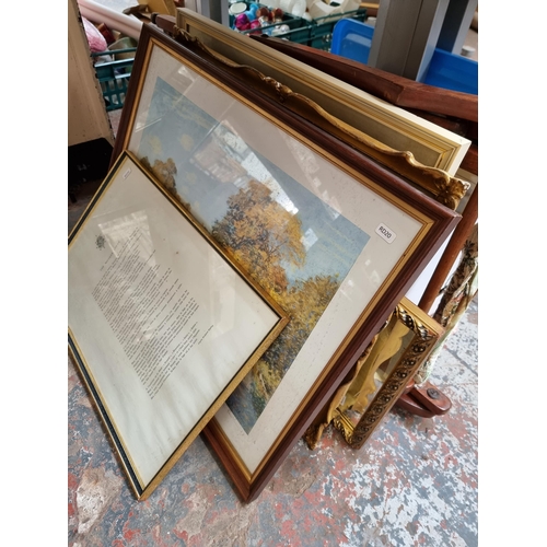 972 - A collection of house clearance items to include framed prints, two mid 20th century green glazed ce... 