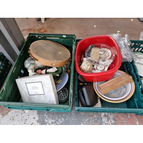 973C - Four boxes containing pair of cast stone garden planters with Greek key design, glassware, ceramics ... 