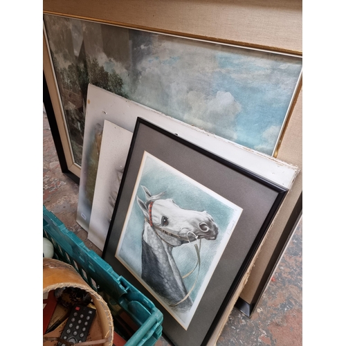 974A - Four boxes containing framed prints, ceramics, glassware, lampshades etc.