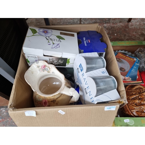 975B - Three boxes containing cutlery, ceramics, crochet magazines etc.