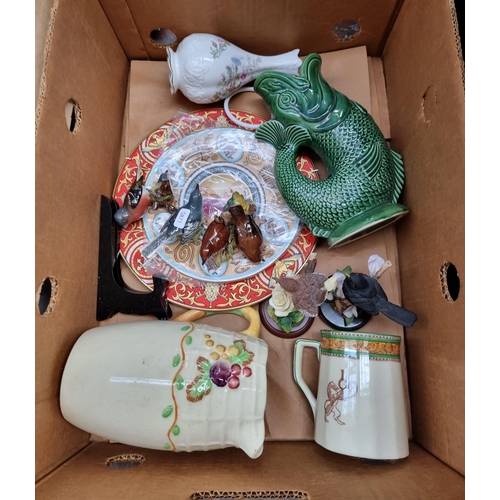 981 - Two boxes and two suitcases containing four Beswick bird figurines, Dartmouth Devon fish jug, Johnso... 