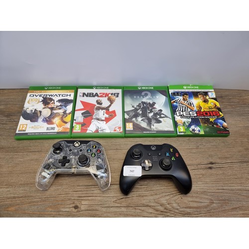 747 - Two Microsoft Xbox one controllers with games