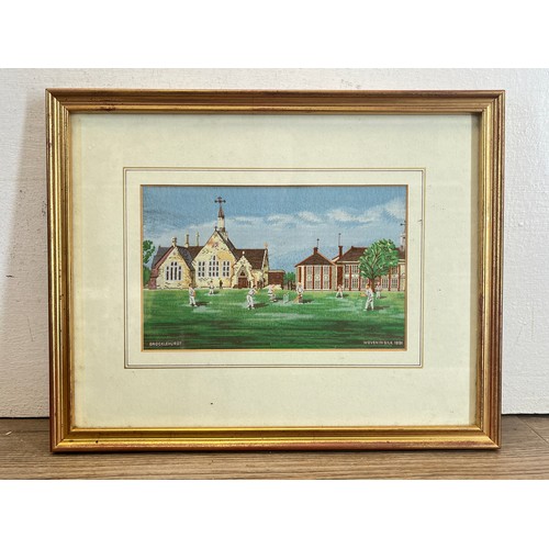 224C - Two framed Brocklehurst Whiston Macclesfield Silk pictures, one cricket scene and one horse and carr... 