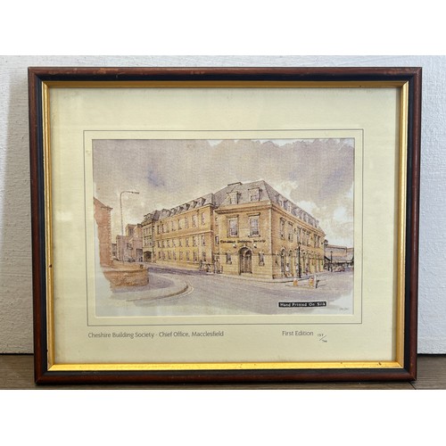 224H - Two framed Cheshire Building Society Macclesfield first edition hand printed silk pictures, Cheshire... 