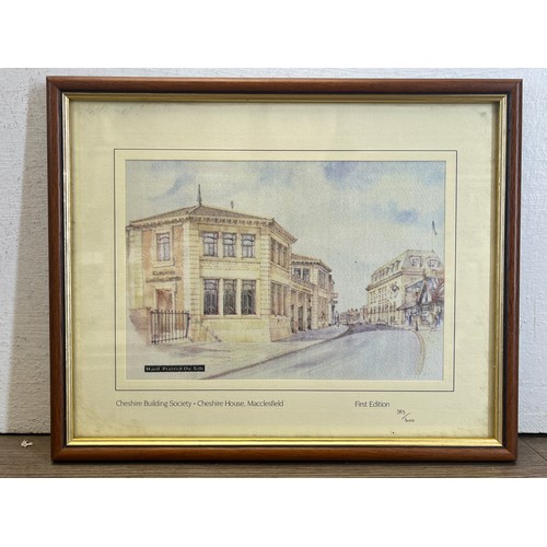 224H - Two framed Cheshire Building Society Macclesfield first edition hand printed silk pictures, Cheshire... 