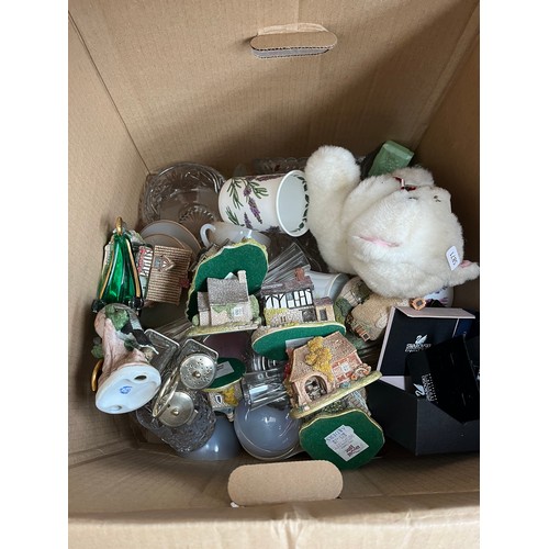 972B - Six boxes containing ceramics, glassware, Lilliput Lane cottages, cutlery etc.