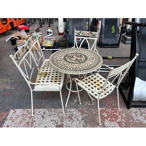 842 - A cream painted metal and mosaic four piece patio set comprising two armchairs, two seater bench and... 