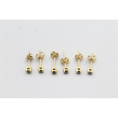 1019 - Three pairs of 9ct gold enhanced coloured diamond stud earrings - approx. gross weight 1.4 grams