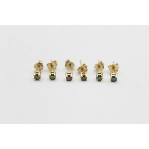 1019 - Three pairs of 9ct gold enhanced coloured diamond stud earrings - approx. gross weight 1.4 grams