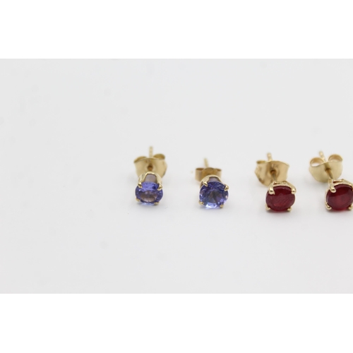 1020 - Three pairs of 9ct gold gemstone earrings, one tanzanite, one glass filled ruby and one citrine - ap... 